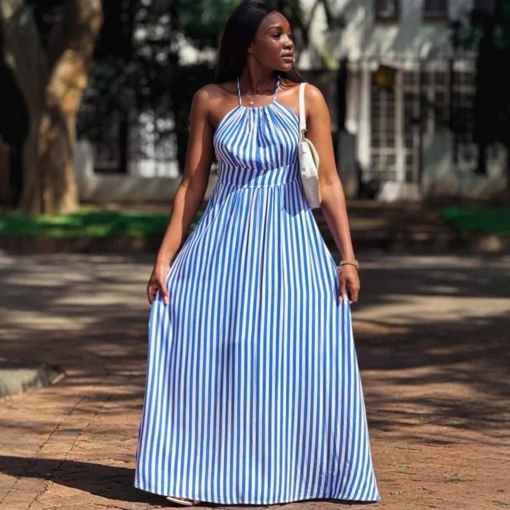 ZARA Sexy Chic Open Back African Blue Striped Halter Neck Maxi Dress